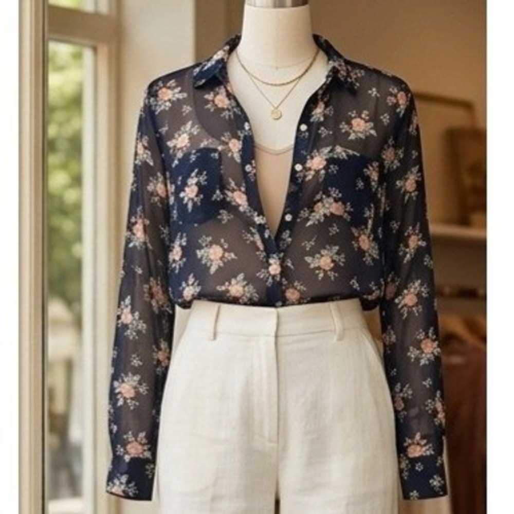 Aeropostale Cottagecore Sheer Floral Button‎ Down Blouse Women M